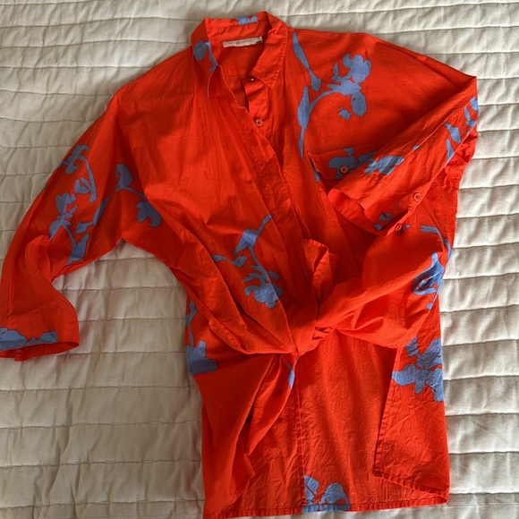 Tory Burch, size small, orange and blue floral button down - Picture 3 of 4